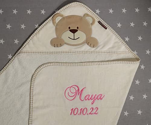 BotoBaby® Kapuzentuch mit Namen Bestickt Handtuch MIT Kapuze ★ 100% Baumwolle ★100x100 cm ★ 75x75 cm ★ Geschenk ★ Geburt ★ Taufe ★ (Beige - Bär, 75 x 75 cm)