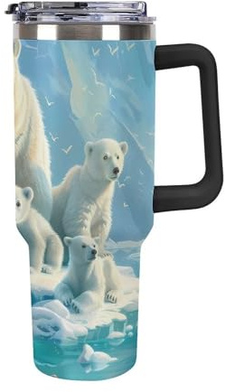 Polar Bear Family Tumbler 40 Oz Insulated Stainless Steel Double Wall Vacuum Travel Mug Insulated Large Capacity Car Cup with Straw Handle