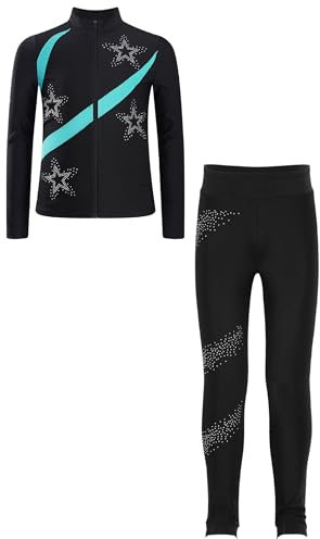 Fldy Mädchen Eiskunstlauf Anzug Glitzer Strass Jacke Und Leggings Mit Colorblock Kinder Eislaufen Tanzanzug Sport Kleidung Set Sweatsuit Cyan 146-152