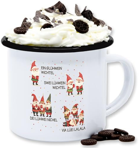 Emaille Tasse Blechtasse - Weihnachtstasse - Ein Glühwein Swei Glühwein | Wichtel | Weihnachten | Weihnachtsmarkt | Weihnachtsmotiv I Weihnachtsmarkt I Adventszeit - 300 ml - Weiß Schwarz