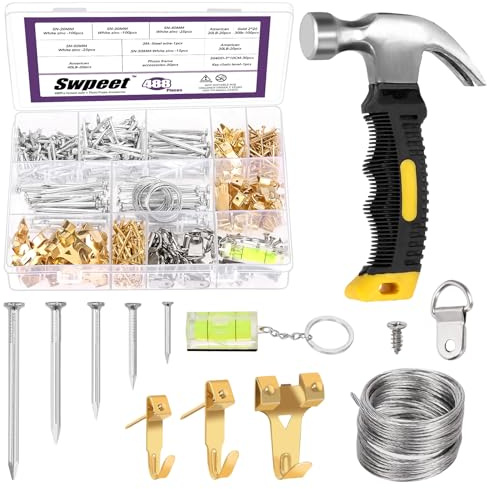 Swpeet 488Pcs Bild Aufhänger Kit, Bilderrahmen Aufhänger Werkzeug, einschließlich Klaue Hammer, goldene Bild Aufhängehaken, D Ring, Nägel für hängende Bilder, selbstschneidende Schraube, Draht, Ebene