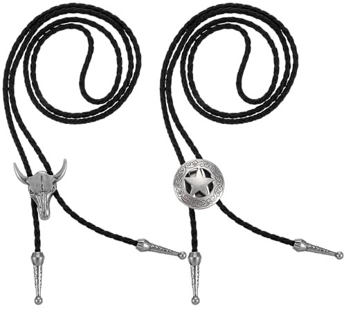 JJUNW 2 Stück Bolo-Krawatte, Bolo Tie, Cowboy Kostüm Herren Western Outfit Herren Western Cowboy Krawatte Halskette Lariat Halskette Schwarz Leder Rodeo Anhänger für Damen und Herren (Silber)