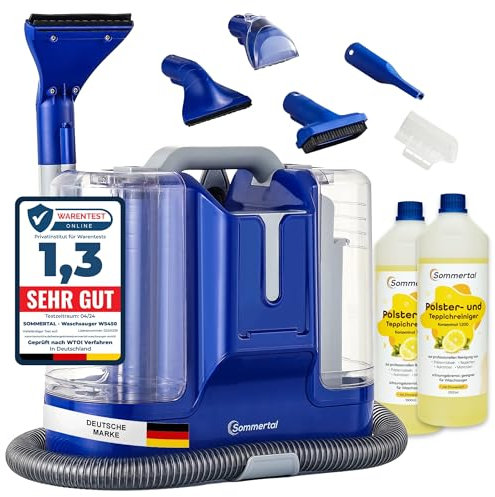 SOMMERTAL MultiCleaner WS450 5in1 inkl. 2L Polsterreiniger, Gerät für Teppiche, Treppen, Polster, Sofa, Auto, Tiere, Flecken, Leistungsstarker 450w Motor, Waschsauger, Zubehör, Selbstreinigung