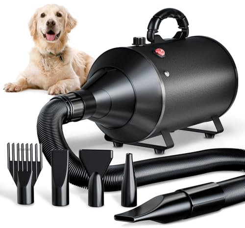 TRIGRAND Asciugacapelli per Cani 3000W Blower Molto Silenzioso velocità Regolabile, Ventilatore per la Cura del Cane con 4 Diversi ugelli e Tubo Elastico