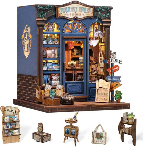 Cutefun Book Nook Kit, DIY Miniature Dollhouse Kit, 3D Wooden Puzzle Bookshelf with Led Light Decoraton for Teens and Adults (Journey Trace Bookshop)
