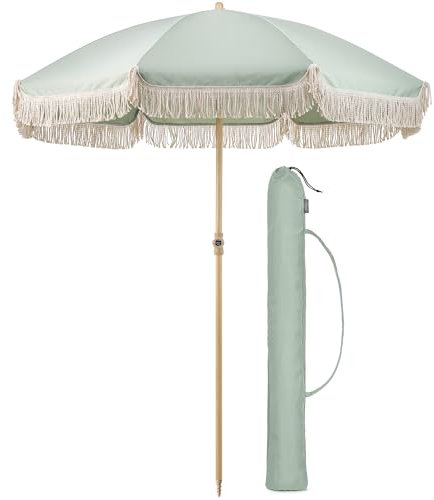 CHRISTOW Portable Garden Parasol with Tilt, 2m Cotton Tassel Beach Umbrella, Outdoor Patio Sunshade, Tilting Canopy, Steel Pole with Wood Effect, UV50+ Sun Protection, Water Resistant, Bag (Sage)