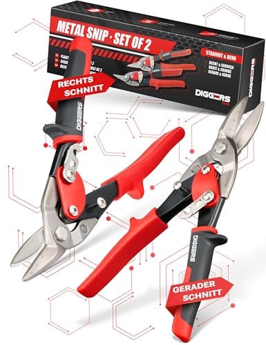 Diggers Tools Blechschere Set gerader & rechter Schnitt [ Müheloser Schnitt in Stahl & Edelstahl ] Profi Metallschere mit Hebelübersetzung - Blechschere Trockenbau, Drahtschere für Drahtgitter