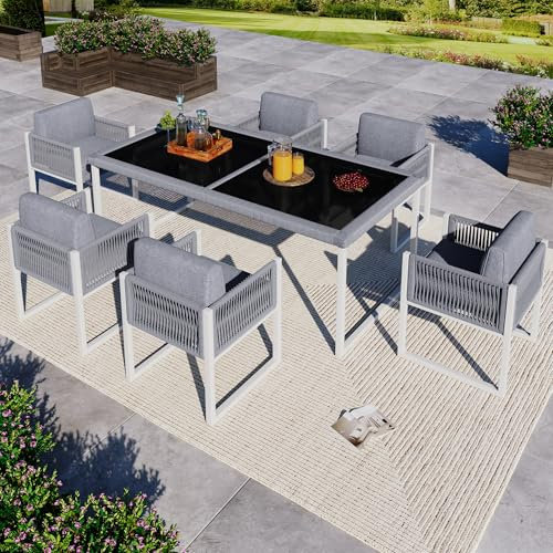 HAINEW Gartenmöbel Set Rope Sitzgruppe Essgruppe für 6 Personen, 1 × Esstisch+ 6 × Stühle, Garten-Lounge-Set, Terrassenmöbel Set, Gartengarnitur Set