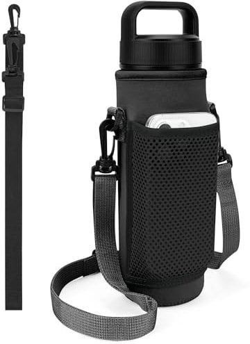 Linkidea Water Bottle Carrier with 2 Strap Compatible with YETI Rambler Bottle 26oz, Yonder 25oz, Travel Waterbottle Sling Bag Holder, Shoulder Strap with Mesh Phone Pocket, Black