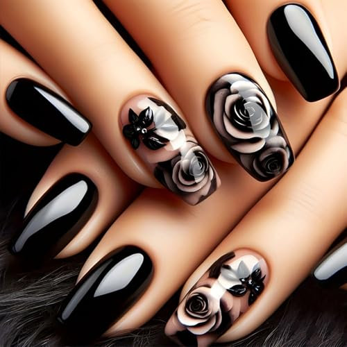 Black False Nails Short - 24Pcs Elegant Rose Press on Nails - Gothic Stick on nails - Fake Nails with Glue and Sticker - Full Cover Coffin Nail Tips Long Lasting for DIY Manicure