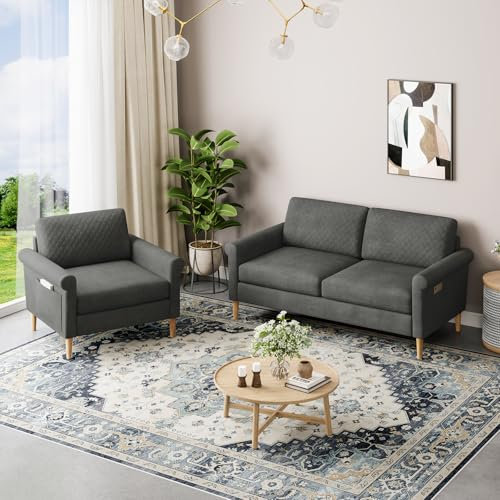 Vesgantti 164cm Fabric Loveseat Sofa Sets, 2 Seater Couch and Armchair with Bilateral Pocket Storage & Removable Cushions, Perfect for Living Room, Bedroom and Office, Tool-free Assembly, Grey