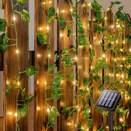 woohaha Solar Vine with Fairy Lights,23ft 73LED Ivy String Light for Christmas Decorations,Leaf Light for Bedroom, Room, Wall, Garden, Party, Wedding Decor (Warm White)