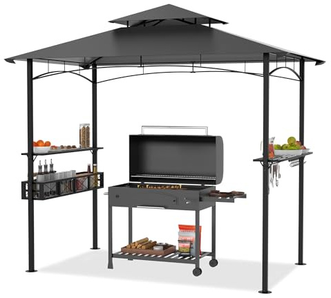 PEILU BBQ grillpaviljong 245 x 153 cm, väderbeständig grillbaldakin, fristående, lusthus med solskydd dubbeltak, hyllor och förvaringskorgar, trädgårdspaviljong för trädgård och strand, BBQ party