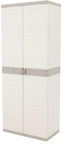 Miroytengo Gartenschrank mit Besen, Titan, Schrank aus Kunstharz, 2 Türen, 4 verstellbare Einlegeböden, Beige, 70 x 176 x 41 cm
