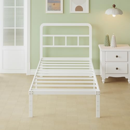 Lutown-Teen Einzelbett 90 x 200 cm mit Kopfteil, 36cm Hoch Bettgestell | Passt Matratze 90 x 200 cm, Stahlschienenunterstützung, Großzügiger Unterschrank, Geräuschfrei, Einfache Montage, Weiß
