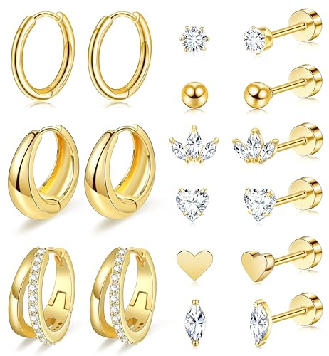 VELORICHE Gold Flat Back Stud Earrings for Women Hypoallergenic Surgical Stainless Steel Flatback Stud Earring Set