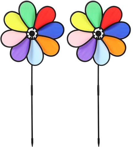 Bunte Blumen Windspiele für Außenbereich, Kunststoff | Regenbogen Windrad, Acht Stoffsegmente, 30cm Größe, 2 Stück Pack, Leicht zu Installieren