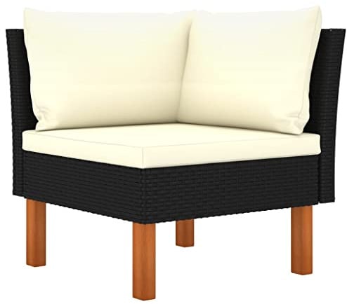 Bucmath Ecksofa Poly Rattan und Eukalyptus Massivholz, Schwarz, Cremeweiß Kissen, Modulares Gartensofa für Terrasse, Balkon, Outdoor-Möbel Set, Witterungsbeständig