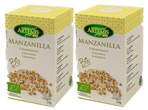 Pack 2 Manzanilla Artemis Bio 20 filtros, infusión ecológica de manzanilla en bolsitas, sabor suave y floral, fácil preparación, 40 filtros y 56 g totales.