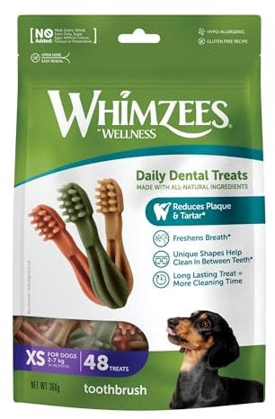 WHIMZEES by Wellness Zahnbürste, Kaustangen für sehr kleine Hunde, Hundesnack zur Zahnpflege, Größe XS, 48 Stück, ohne Zuckerzusatz, getreidefrei, natürlich, fettarm