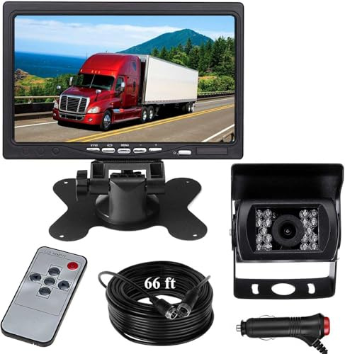 Sistema Telecamera Retromarcia 12V-24V Monitor 7 LCD HD Cavo video di 66ft | Telecamera retromarcia impermeabile IR per camion, furgoni, autobus, rimorchi, camper, installazione tramite accendisigari