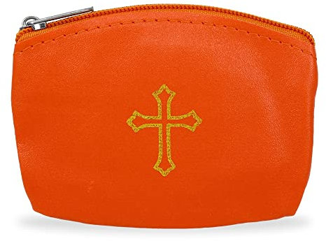 Rosenkranztasche mit goldfarbenem Kreuz und Reißverschluss Orange