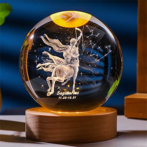 Laser Gravé Signe du Zodiaque Cristal Balle Miniature 3D Cristal Artisanat Décoration en Verre Sphère Décoration de La Maison Accessoires Cadeau (Sagittarius, 3.15 inches)