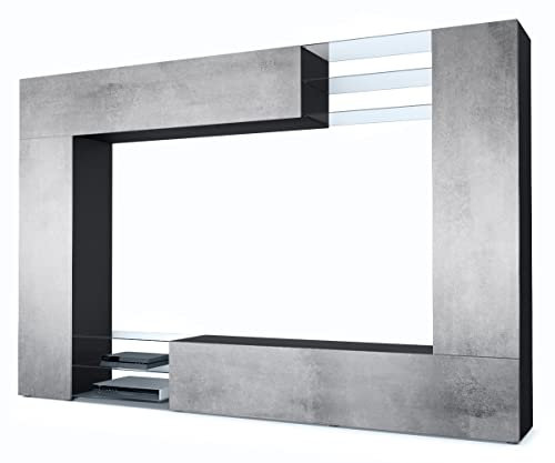 Vladon Wohnwand Mirage, Made in Germany, Anbauwand mit Rückwand mit 2 Türen, 2 Klappen und 6 offenen Glasablagen, Schwarz matt/Beton Oxid-Optik (262 x 183 x 39 cm)