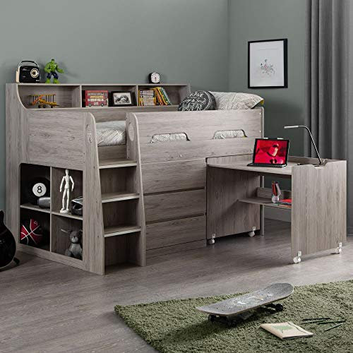 Grey Oak Wooden Kids Bed, Happy Beds Jupiter Mid Sleeper with Storage and Desk - 3ft Single (90 x 190 cm) Frame Only
