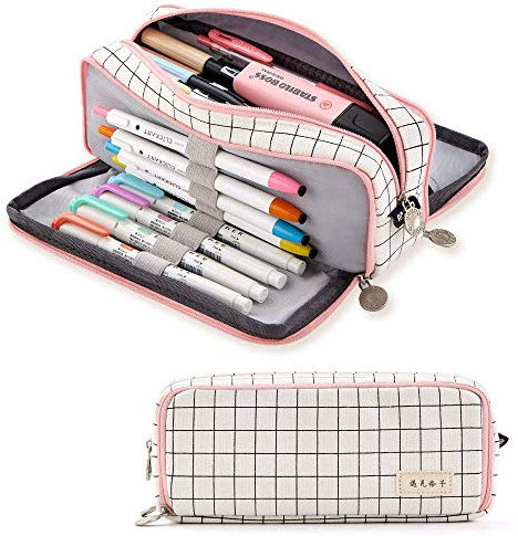 Federmäppchen Großraumtasche mit 3 Fächern Große Aufbewahrungstasche für Stifte für Jungen Mädchen Schülerinnen Schülerinnen Schreibwarenbeutel für Schul- und Bürobedarf -Kariertes Weiß