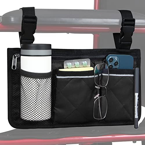 Wheelchair Side Bag, Armrest Storage Pouch with Cup Holder and Reflective Strip for Wheelchairs, Walkers or Rollators (Black)