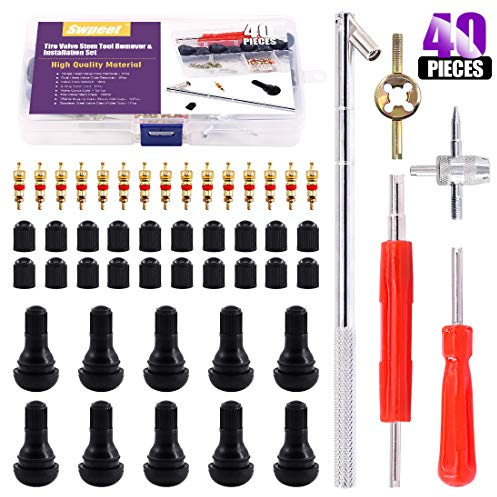 Swpeet 40Pcs Tire Valve Stem Puller Tools Set with Snap-in Valve Stems with Valve Stem Cores, Valve core Removal Wrench Dual Single Head Valve Core Remover 1Pcs 4-Way Valve Tool