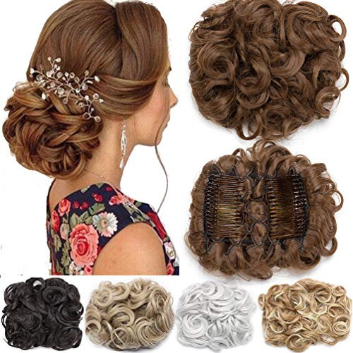 Short Messy Curly Dish Hair Bun Extension Easy Stretch hair Combs Clip in Ponytail Extension Scrunchie Chignon Tray Ponytail Hairpieces Light Brown