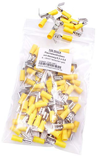 100 Stück Flachsteckhülsen mit Abzweig Abzweigverbinder gelb 4-6mm² 6,3mm, Flachsteckverteiler Kabelschuhe doppelt Steckverteiler Doppel