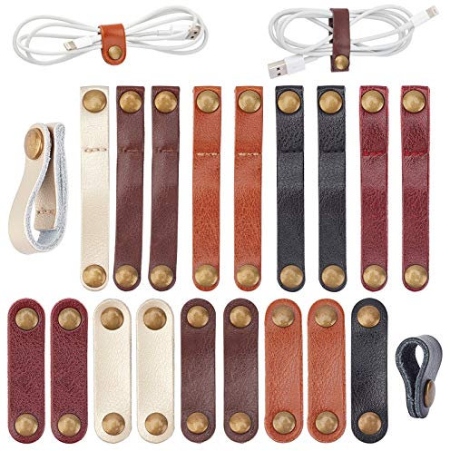GORGECRAFT 20 Pcs Leather Cable Straps and Ties - Cable Organizers and Cord Management for USB, Headphone Wires - 2 Sizes, 5 Colors