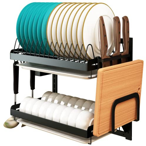Supfirm Wandmontierter Edelstahl-Abtropfgestell, Obst- und Gemüse-Aufbewahrungskorb mit Abtropffläche und hängenden Essstäbchen, Käfig-Messerhalter, Küchenzubehör, Regal, Utensilien-Organizer (2