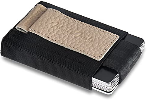 Jaimie Jacobs Nano Boy Mini Wallet kleine Geldbörse aus Textil dünner Geldbeutel, Slim Wallet mit Zugband Kartenhalter, Kartenetui Damen (Genarbtes Leder Sand)