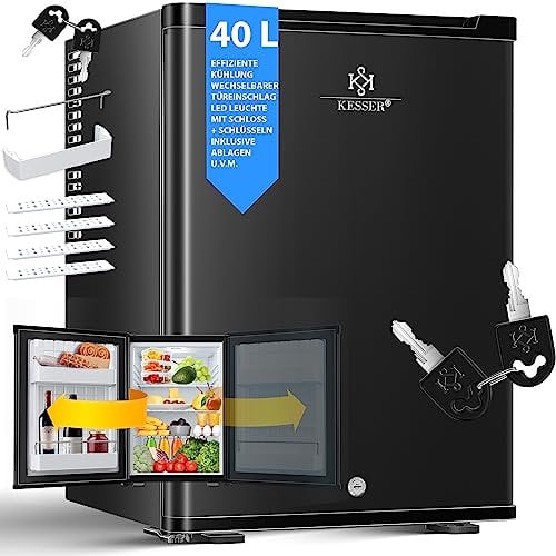 KESSER® Mini nevera con cerradura y llave, minibar 40 litros de capacidad útil, Frigorífico 22dB, cambio de sentido de apertura de puerta, 4°-16°C altura 57cm, iluminación Refrigerador negro