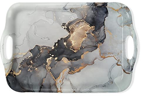 Serviertablett Dekoratives Tablett mit Griffen Mehrzweck Rechteckige Serviertabletts für Restaurant, Partys, Couchtisch, Küche - Grau Gold Marmor Muster