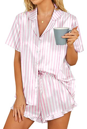 Hotouch Pyjama Femme Été en Soie Vêtements de Nuit Impression Ensemble de Pyjama Rose XL