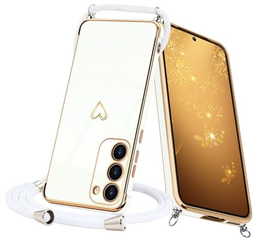 Keteen Collier Cordon Coque pour Samsung Galaxy S23 Motif Coeur d'amour Mignon Galaxy S23 Lanière avec Cordon Réglable Lanyard Silicone Anti-Chute Housse Etui pour Samsung Galaxy S23, Blanc