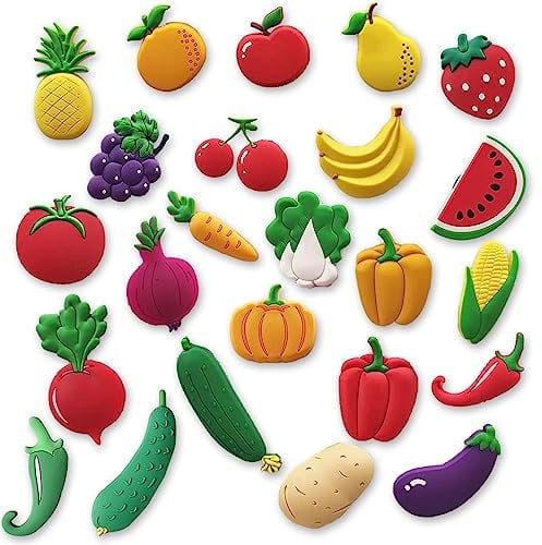 KUHPLOVE Obst & Gemüse Kühlschrank Magnete - 24 Stück PVC Magnete, Weiße Kühlschrank Aufkleber, Spielend, Süß, Magnetische Aufkleber für Heimdekoration