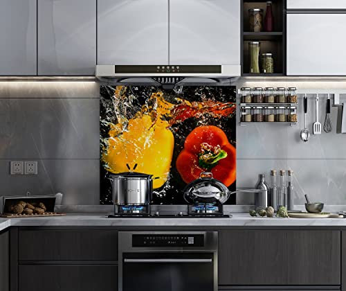 BELOFAY 60x65cm Modern Vegetable Design 6mm Tempered Glass Splashback for Kitchen, Toughened Glass Heat Resistant Splashbacks for Cookers
