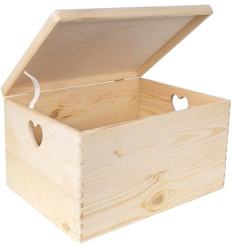 Creative Deco Holzkiste mit Deckel | 40x30x24 cm (+/-1cm) | Erinnerungsbox Baby Groß Holzbox Unlackiert Kasten | Herzförmigen Griffen | Für Dokumente Spielzeuge Werkzeuge | ROH UNGESCHLIFFEN