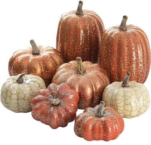Artgar Pumpkin Decor, 8 PCS Halloween Pumpkin, Metal Cracked Design Foam Pumpkins for Halloween Thanksgiving Fall Home Table Indoor Outdoor Decorations