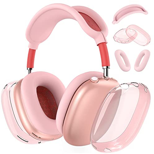 Silicone Case Cover for AirPods Max, Clear Soft TPU Ear Cups/Pad/Headband Cover, Transparent Accessories for Apple AirPods Max (USB-C), Pink