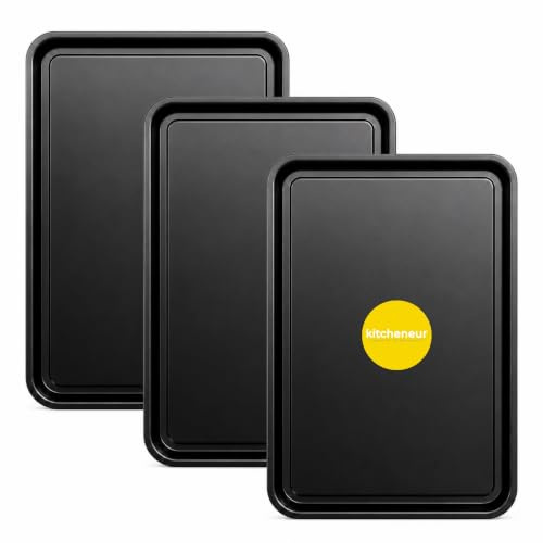 3-Pack Essential 35cm Baking Tray Set - Non-Stick Oven Trays Teflon™ Coated for Baking & Roasting Durable, Dishwasher Safe & Stackable Bakeware for Easy Cleaning & Space-Saving Storage by KITCHENEUR®