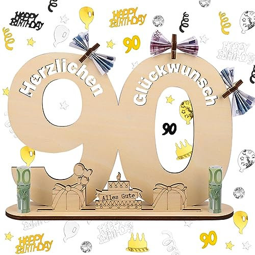 ERBO Holzschild Gästebuch, 90 Geburtstag Deko Konfetti Frau Mann, Gästebuch mit Ständer und 5 Holzpentagramme, Geldgeschenke Geburtstag, Geburtstagskarte, Geschenke Schild 90 Jahre Hochzeitstag