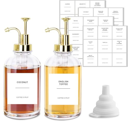sunal Coffee Syrup Dispenser,500ml/16.9 oz Glass Syrup Dispenser Bottle,Honey Dispenser with 36 Waterproof Labels and Funnel&Pump for Kitchen Coffee Bar Accessories(Gold,2pack)