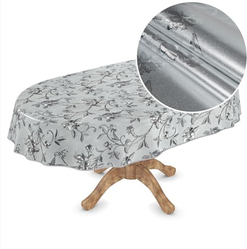 ANRO Wachstuch Tischdecke abwaschbar Wachstischdecke Plastik-Tischdecke Meterware edel glänzend eckig rund oval Oval 140 x 240cm mit Saum Pionen Silber